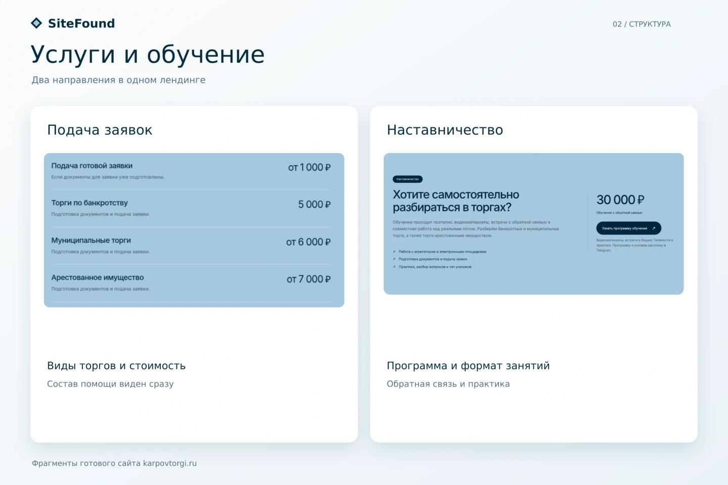 Блоки подачи заявок и обучения на сайте Кирилла Карпова